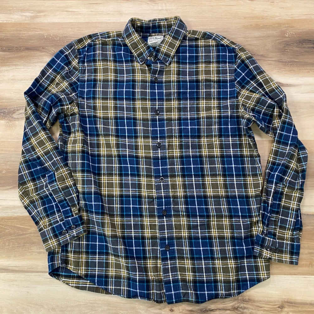 LL Bean Flannel Shirt Large L-Reg Scotch Plaid Cotton Slightly Fitted Blue Green - Picture 3 of 7